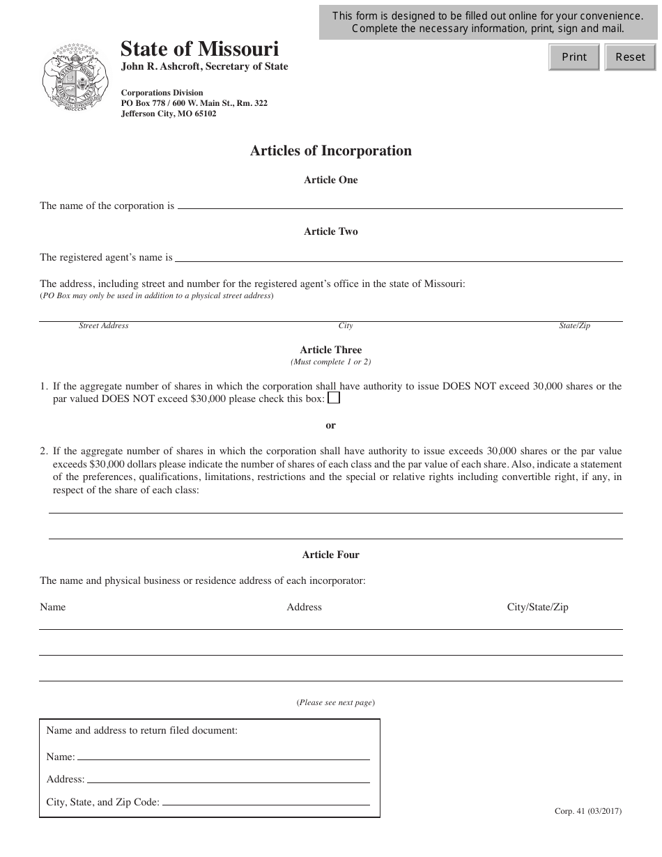 Form CORP.41 Articles of Incorporation of a for Profit Corporation - Missouri, Page 1