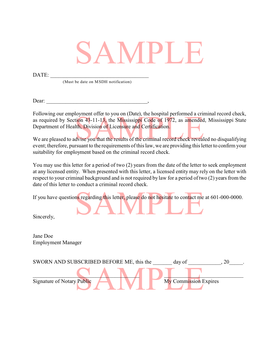 Sample Successful Record Check Letter - Sample - Mississippi, Page 1