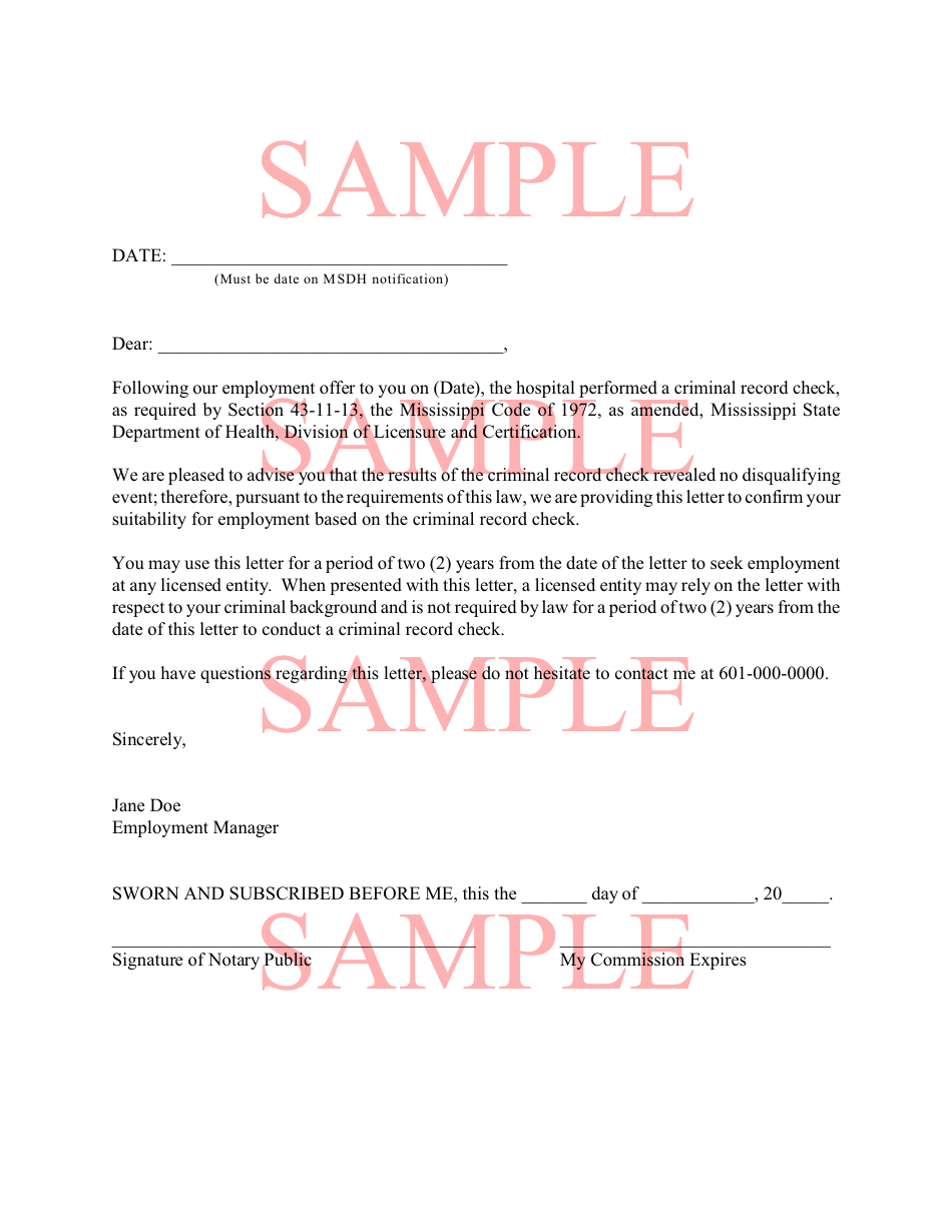 Mississippi Successful Record Check Letter - Sample - Fill Out, Sign ...