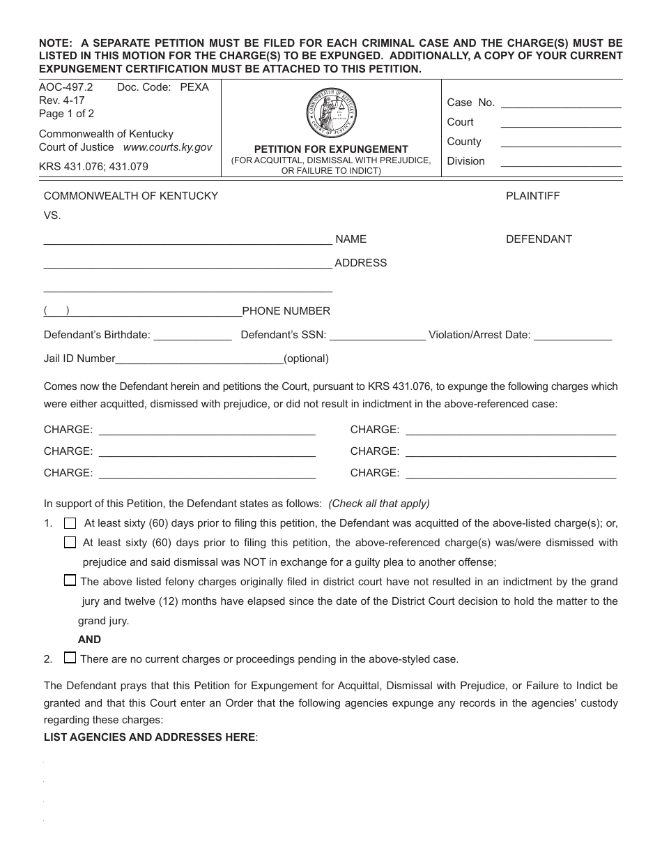 Form AOC-497.2 Petition for Expungement (For Acquittal, Dismissal With Prejudice, or Failure to Indict) - Kentucky, Page 1