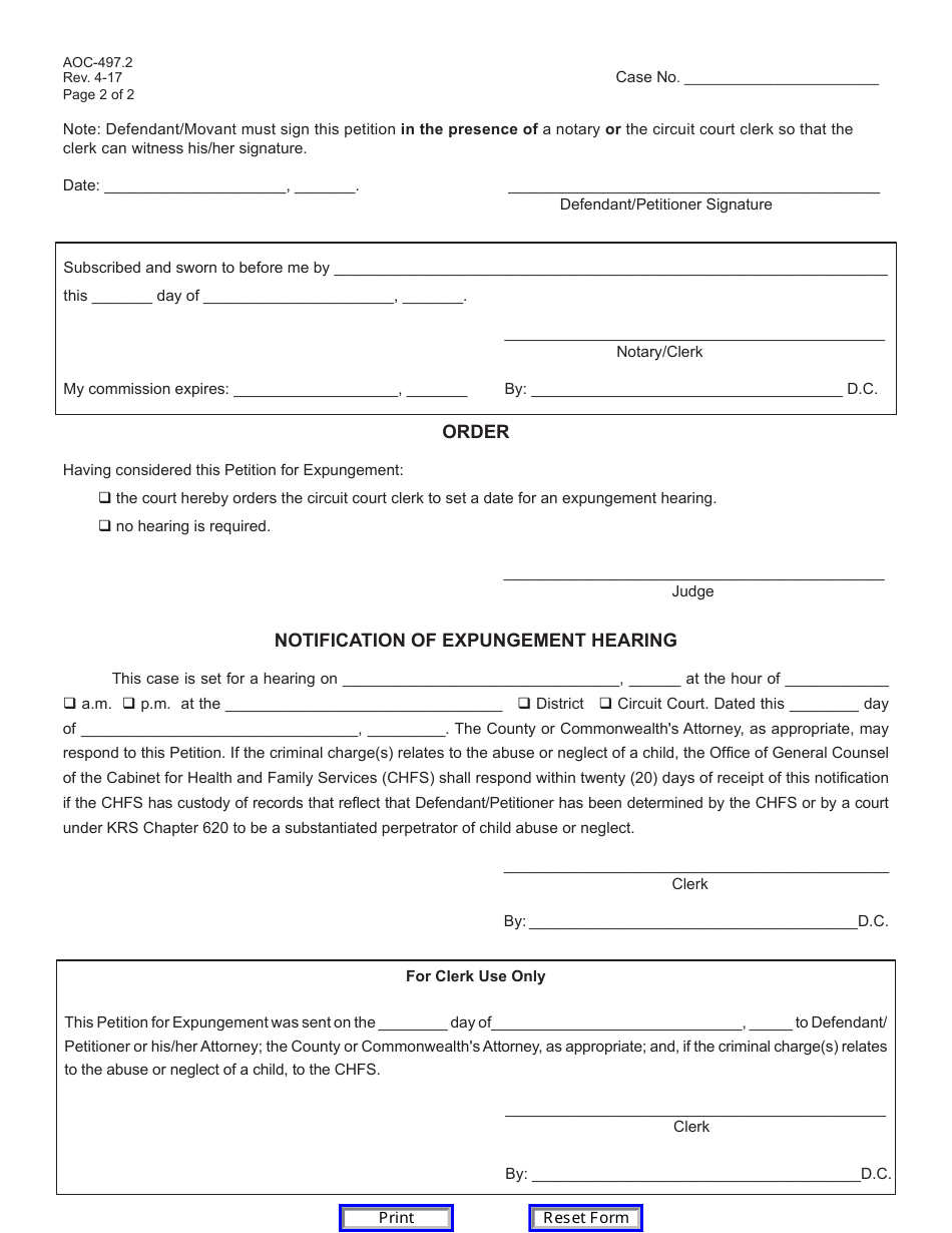 Form AOC-497.2 Petition for Expungement (For Acquittal, Dismissal With Prejudice, or Failure to Indict) - Kentucky, Page 2