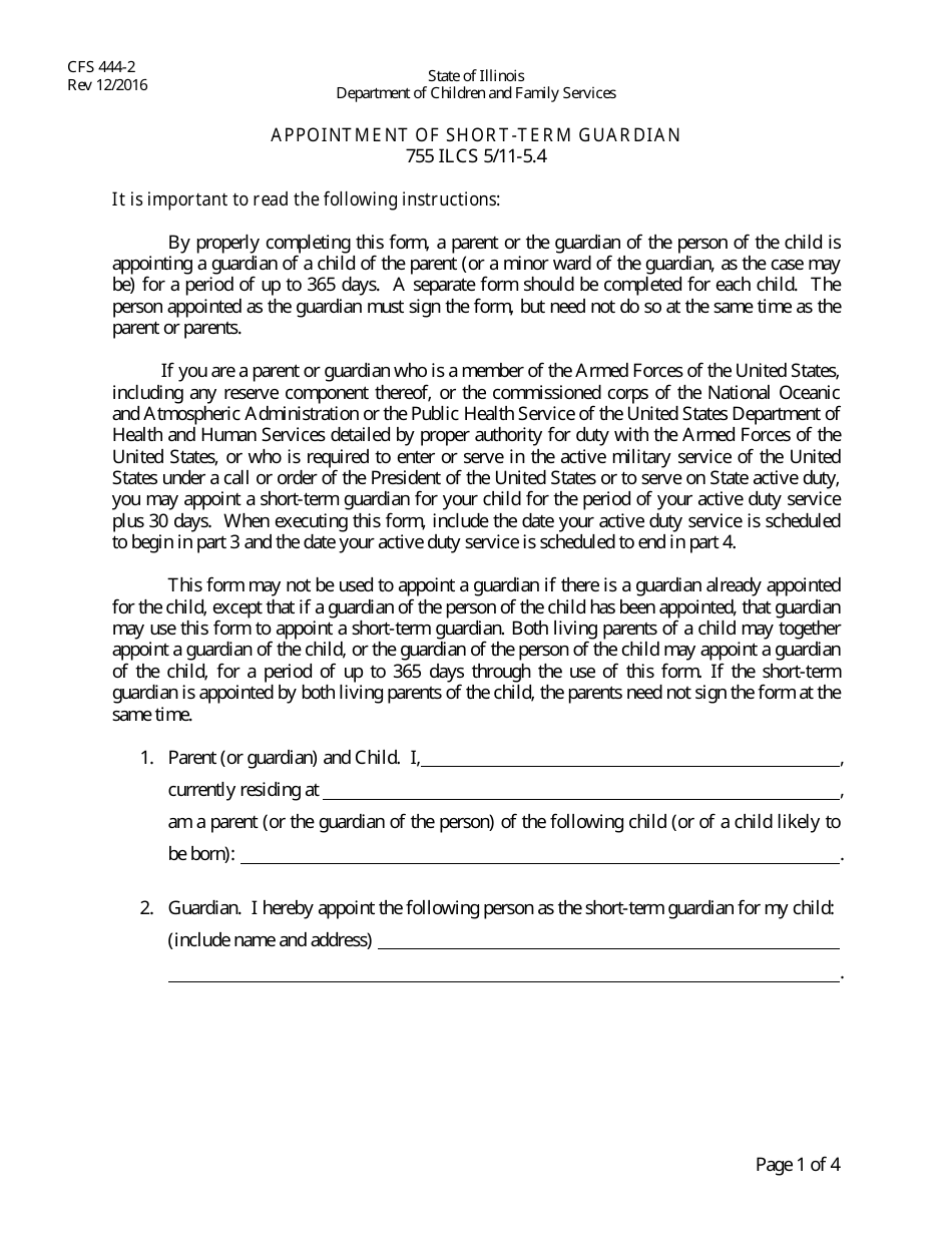 Form Cfs444 2 Download Fillable Pdf Or Fill Online Appointment Of Short Term Guardian Illinois Templateroller