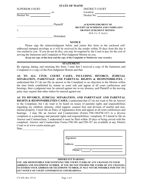 Form CV-036 Acknowledgment of Receipt of Summons and Complaint or Post-judgment Motion - Maine