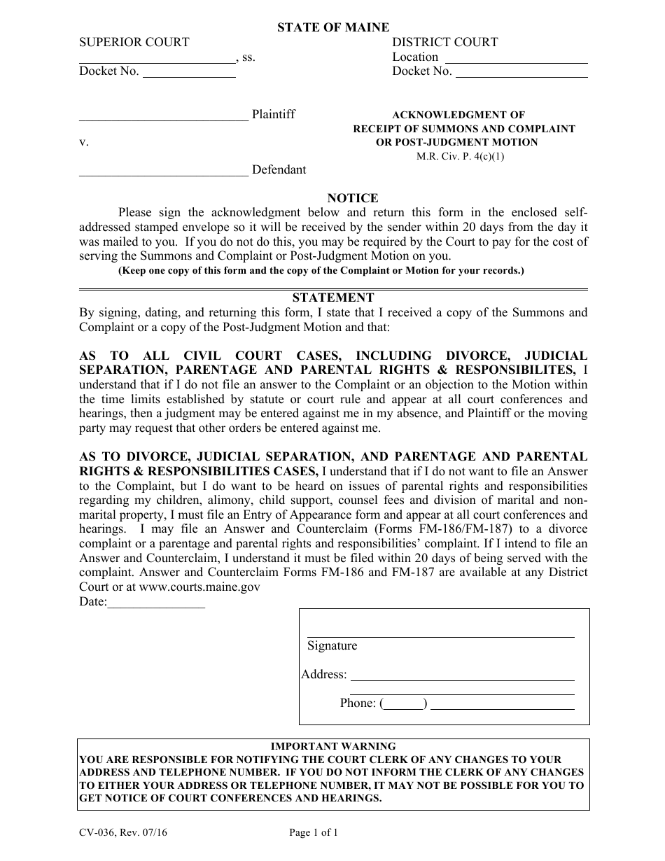 Form CV-036 Acknowledgment of Receipt of Summons and Complaint or Post-judgment Motion - Maine, Page 1