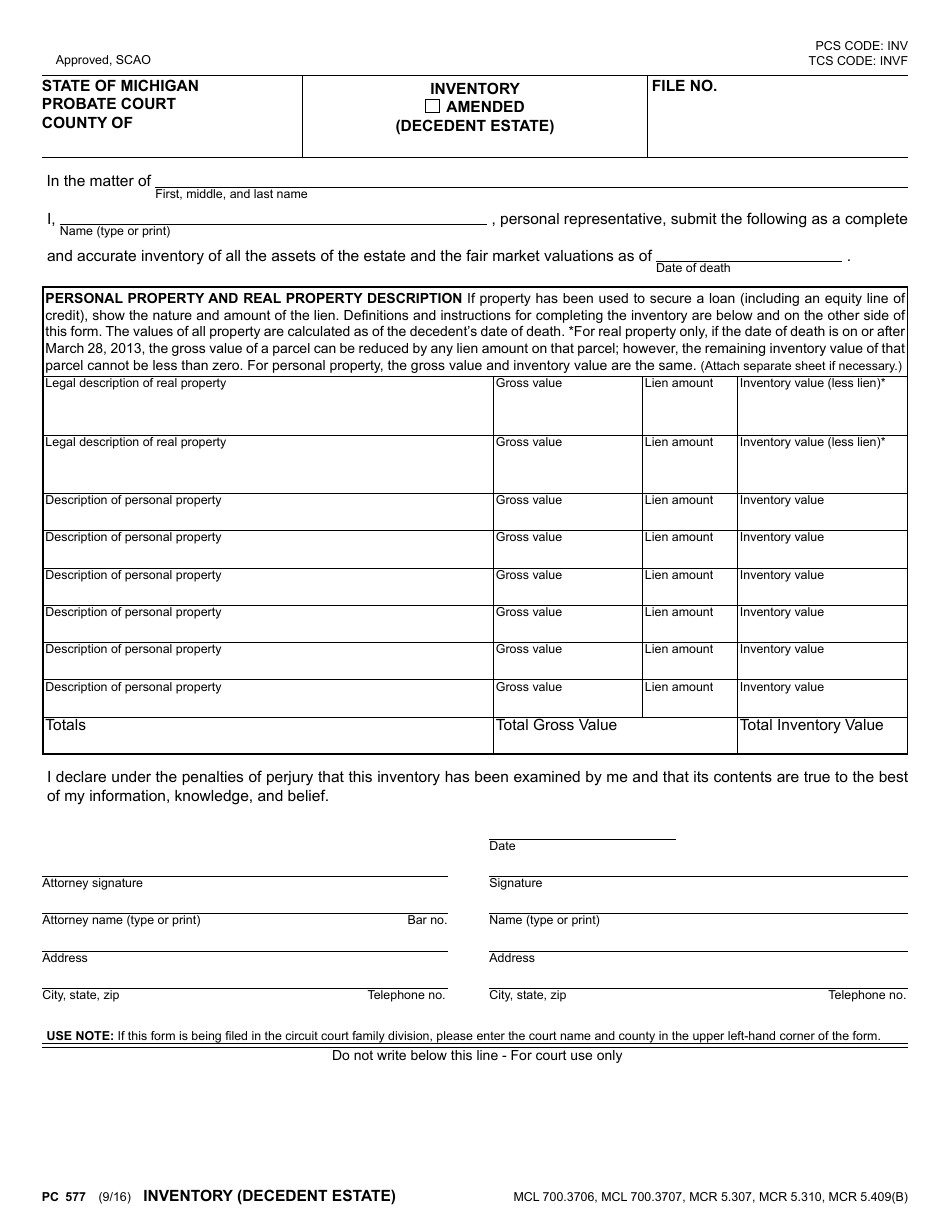 Form PC577 Inventory (Decedent Estate) - Michigan, Page 1