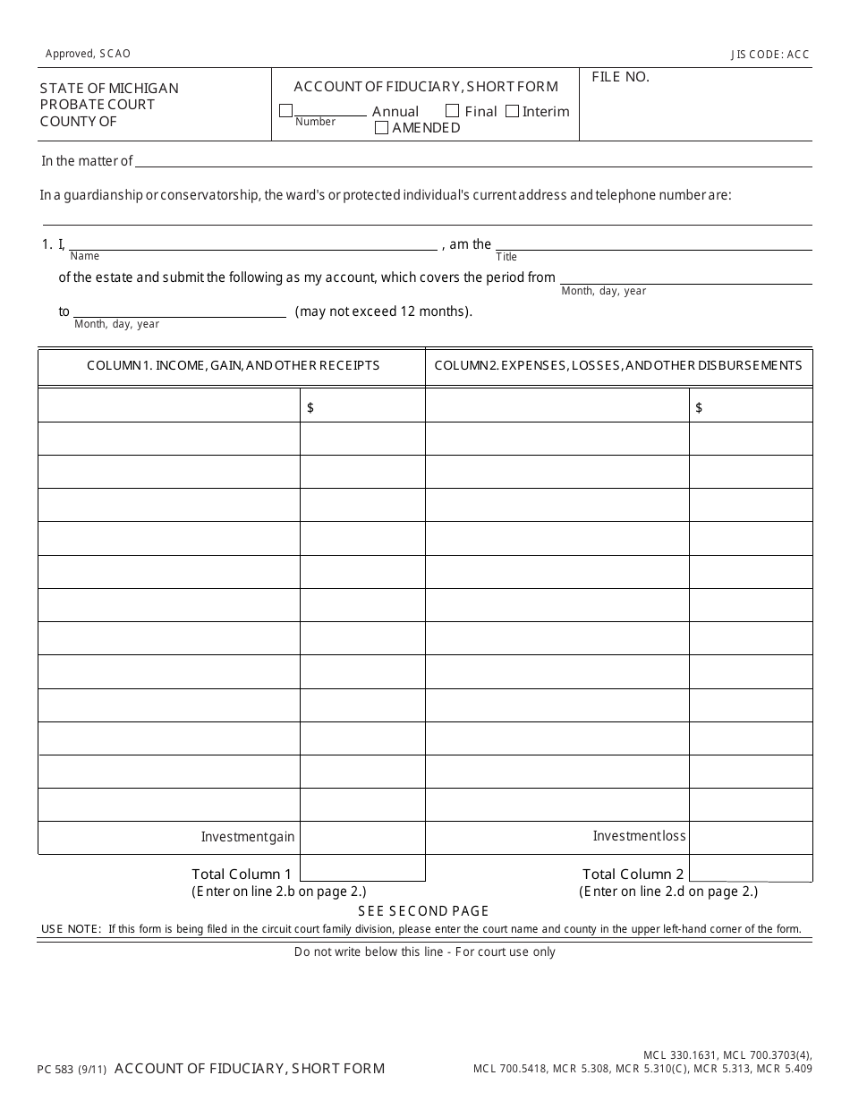 Form PC583 Account of Fiduciary - Short Form - Michigan, Page 1