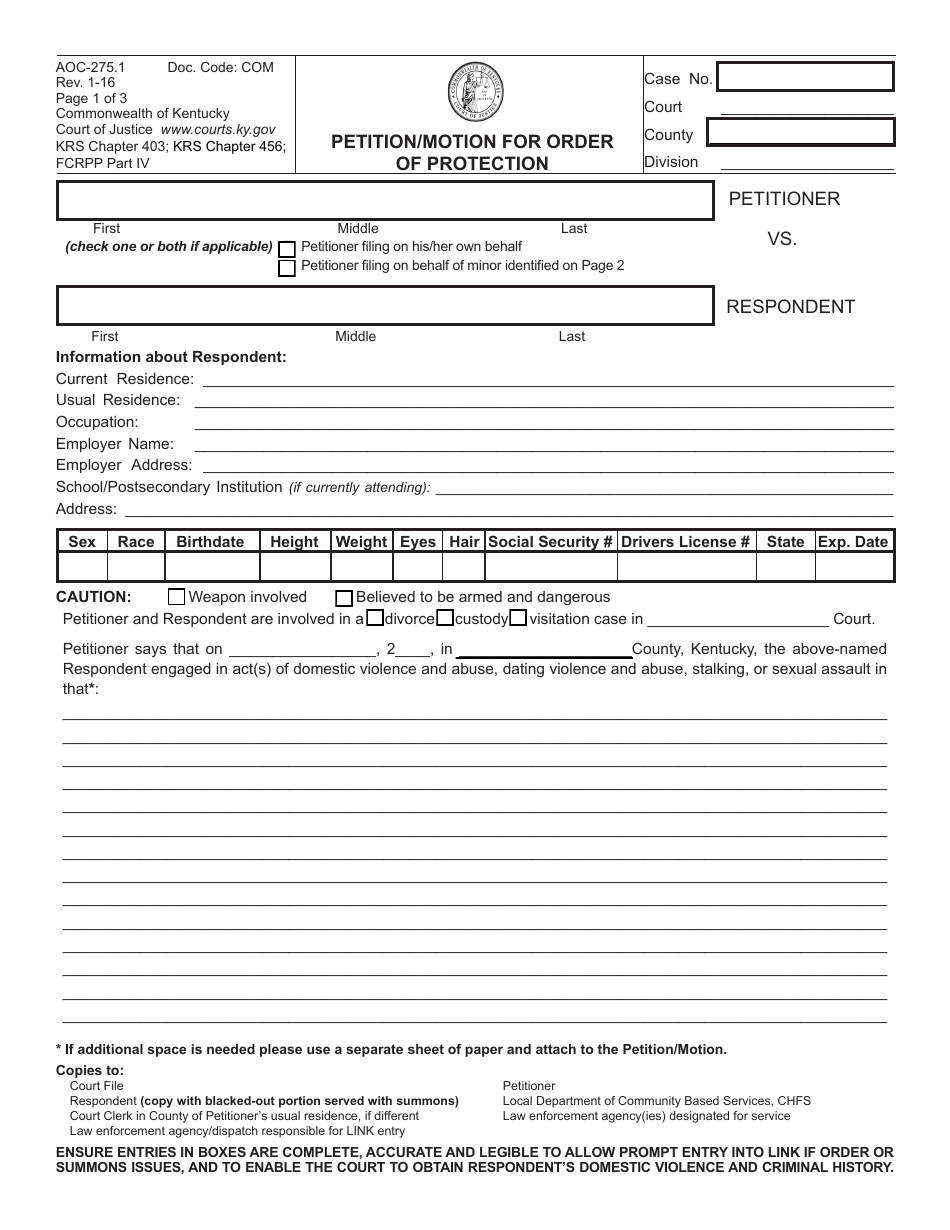 Form AOC-275.1 Petition/Motion for Order of Protection - Kentucky, Page 1