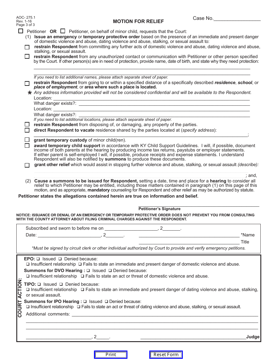 Form AOC-275.1 Petition / Motion for Order of Protection - Kentucky, Page 4