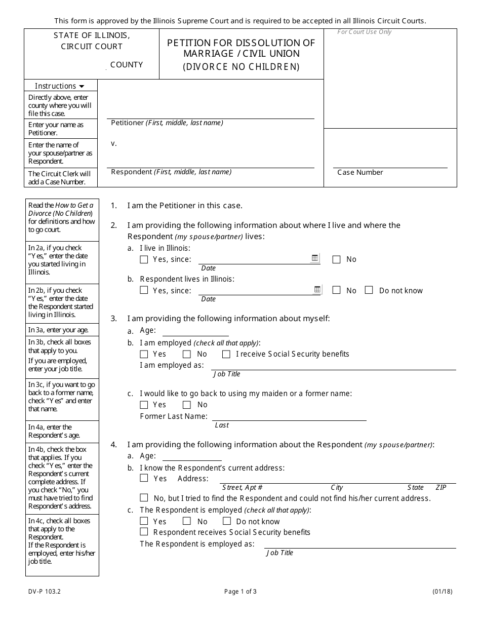 Form DV-P103.2 Petition for Dissolution of Marriage / Civil Union (Divorce No Children) - Illinois, Page 1
