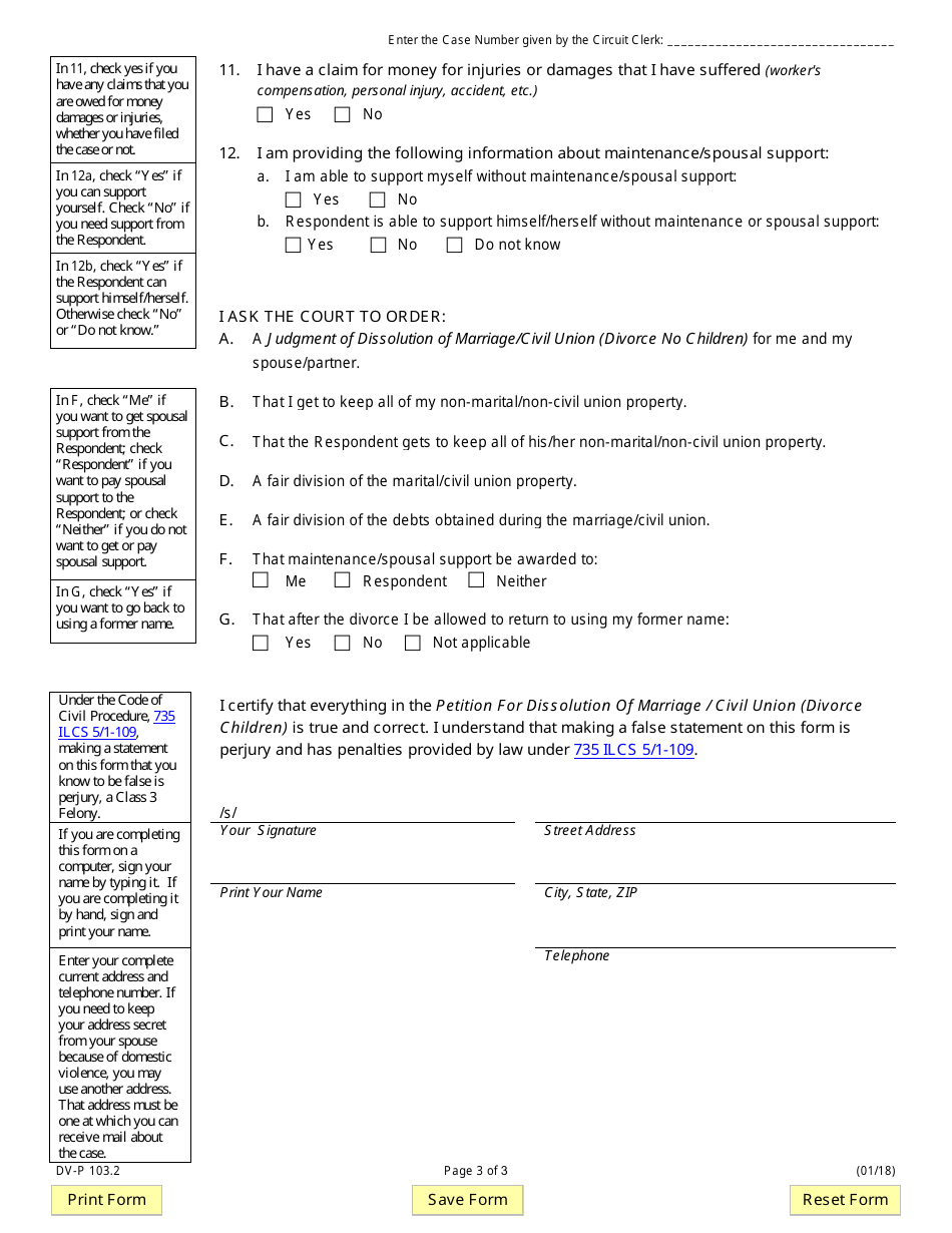 Form DV-P103.2 Petition for Dissolution of Marriage / Civil Union (Divorce No Children) - Illinois, Page 3