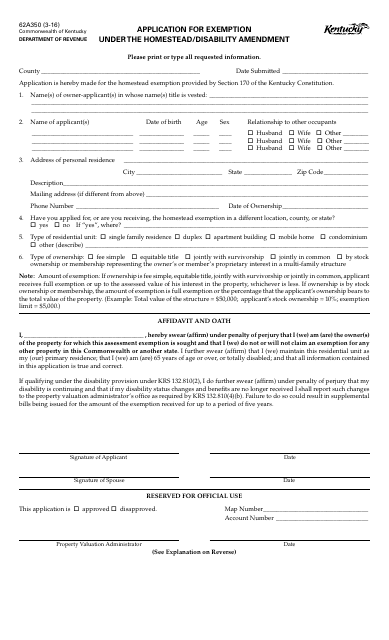 Form 62A350 Application for Exemption Under the Homestead/Disability Amendment - Kentucky