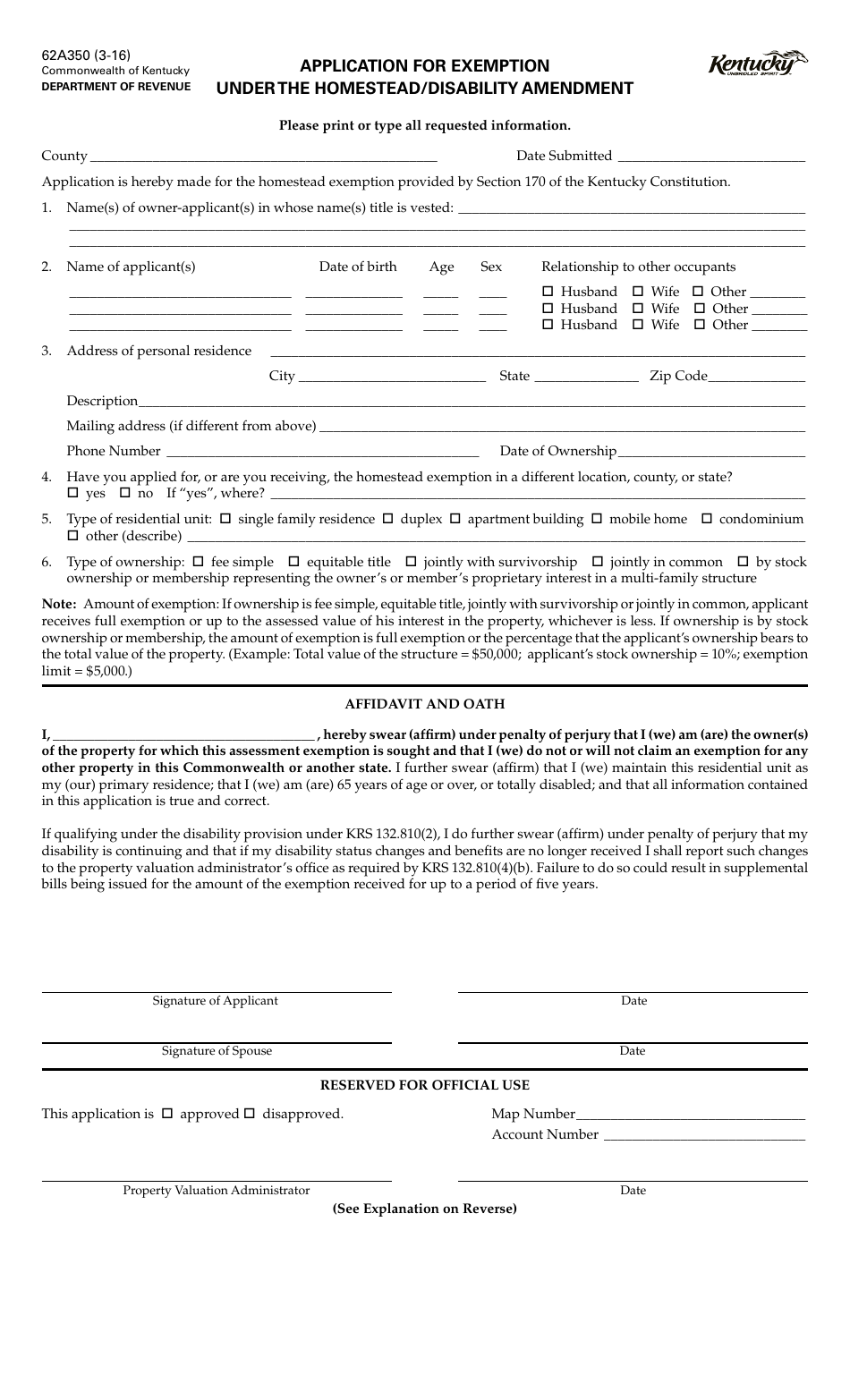 Form 62A350 Application for Exemption Under the Homestead / Disability Amendment - Kentucky, Page 1