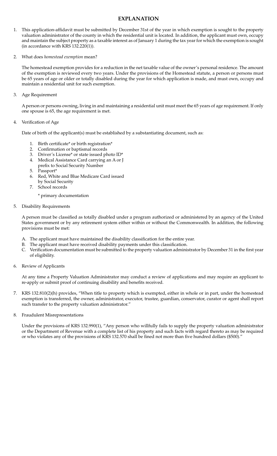 Form 62A350 Application for Exemption Under the Homestead / Disability Amendment - Kentucky, Page 2
