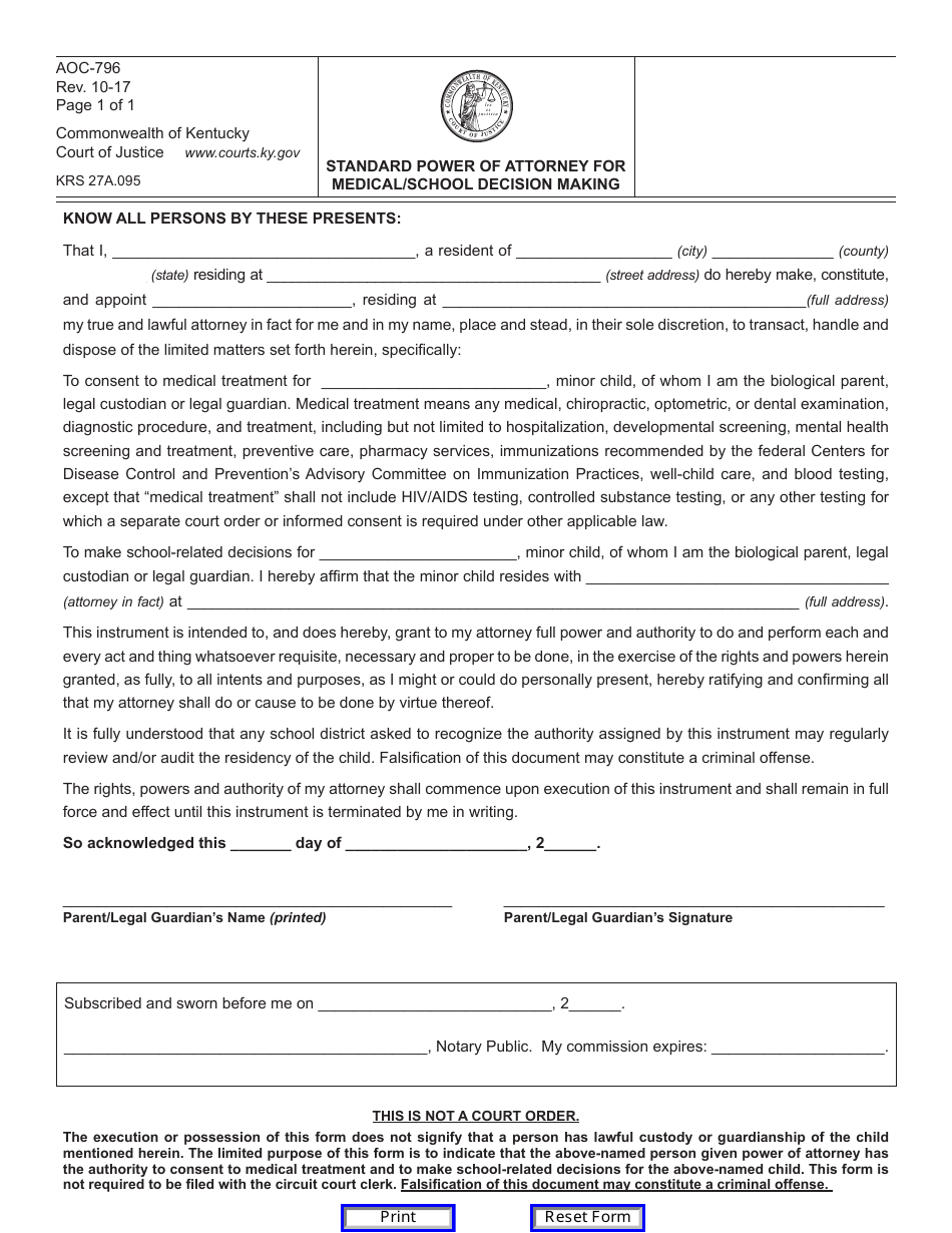Form AOC-796 Standard Power of Attorney for Medical / School Decision Making - Kentucky, Page 1