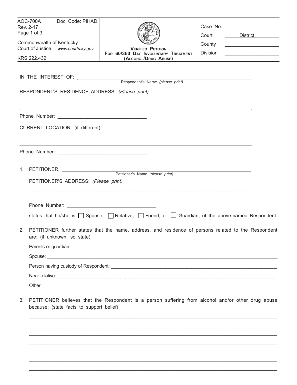Form AOC-700A Verified Petition for 60/360 Day Involuntary Treatment (Alcohol/Drug Abuse) - Kentucky, Page 1