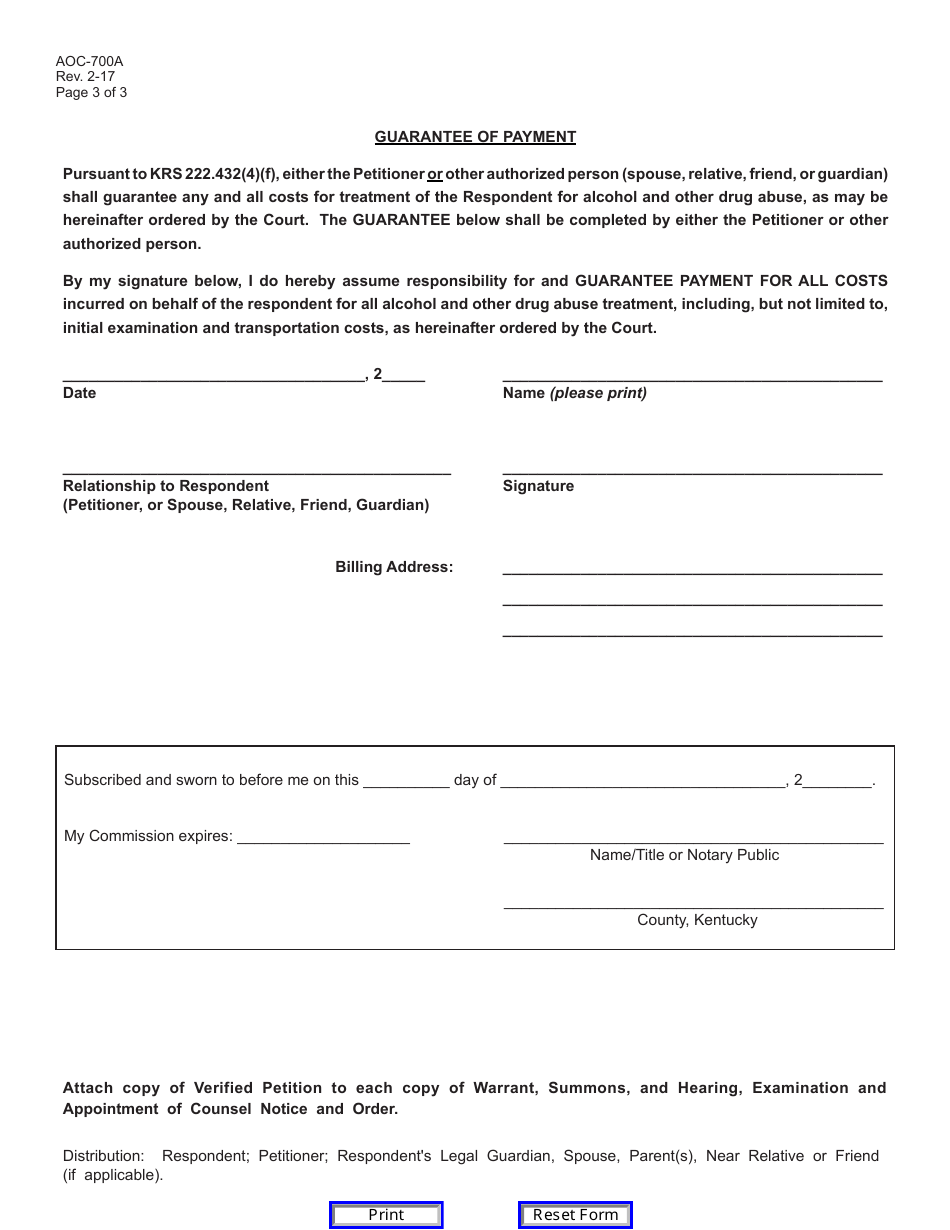 Form AOC-700A Verified Petition for 60 / 360 Day Involuntary Treatment (Alcohol / Drug Abuse) - Kentucky, Page 3