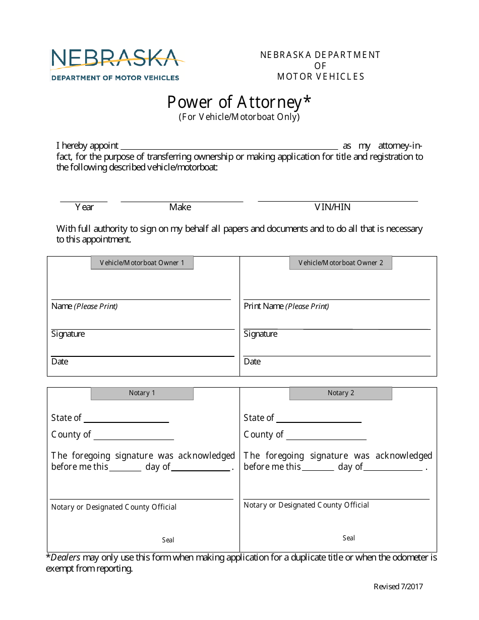 Power of Attorney (For Vehicle / Motorboat Only) - Nebraska, Page 1