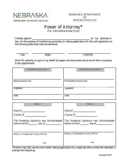 Power of Attorney (For Vehicle / Motorboat Only) - Nebraska Download Pdf