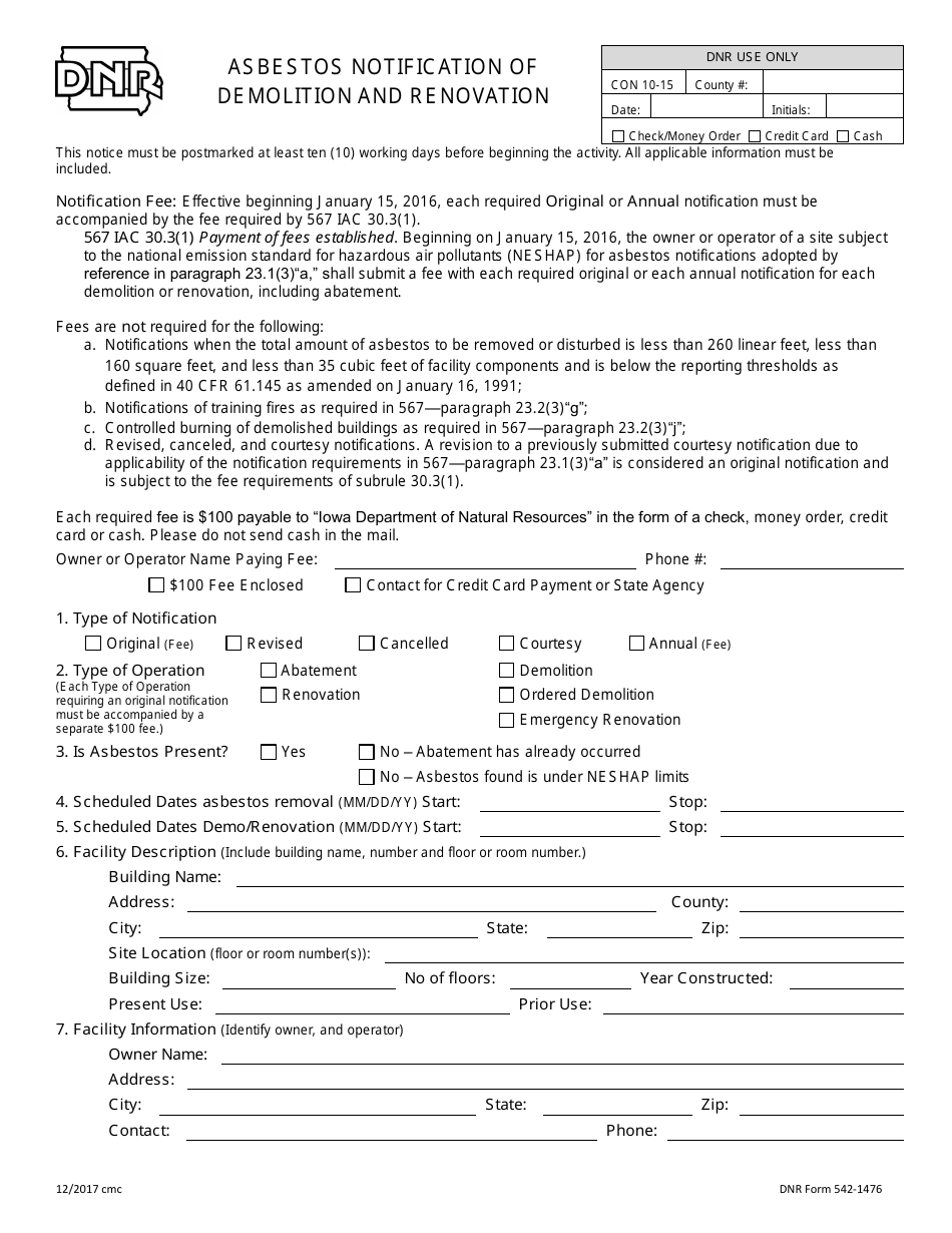 DNR Form 542-1476 Asbestos Notification of Demolition and Renovation - Iowa, Page 1