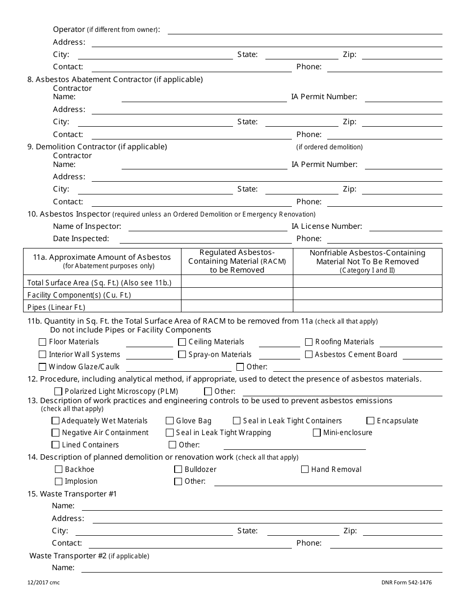 DNR Form 542-1476 Asbestos Notification of Demolition and Renovation - Iowa, Page 2