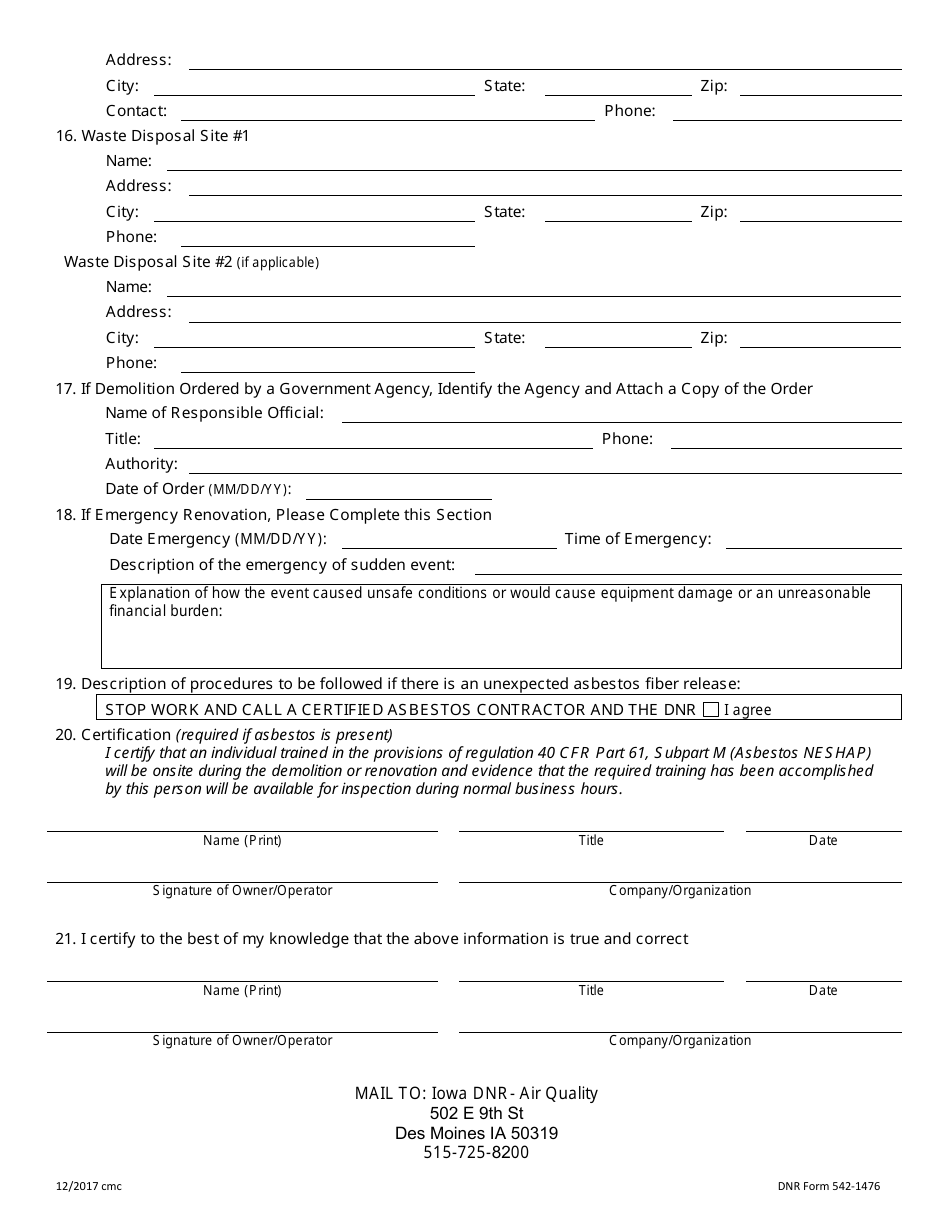 DNR Form 542-1476 Asbestos Notification of Demolition and Renovation - Iowa, Page 3