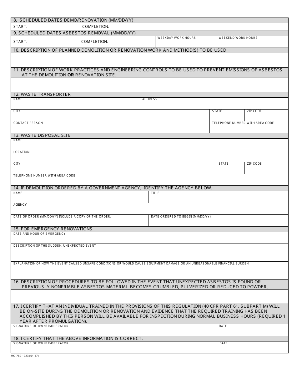 Form MO780-1923 Asbestos Neshap Notification of Demolition and Renovation - Missouri, Page 3