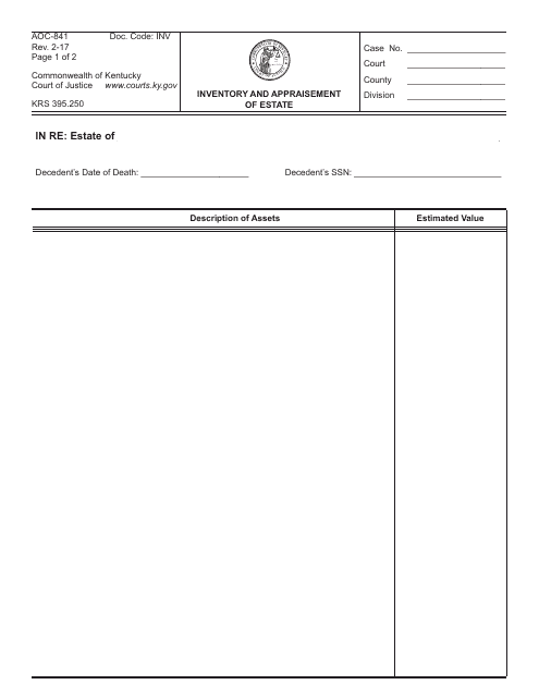 Form AOC-841 Inventory and Appraisement of Estate - Kentucky
