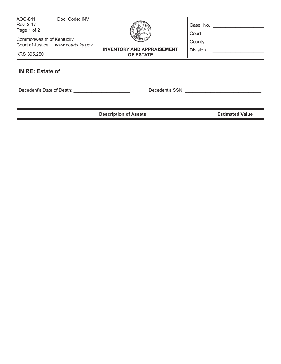 Form AOC-841 Inventory and Appraisement of Estate - Kentucky, Page 1