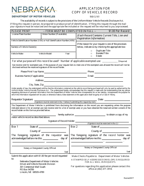 Application for Copy of Vehicle Record - Nebraska Download Pdf