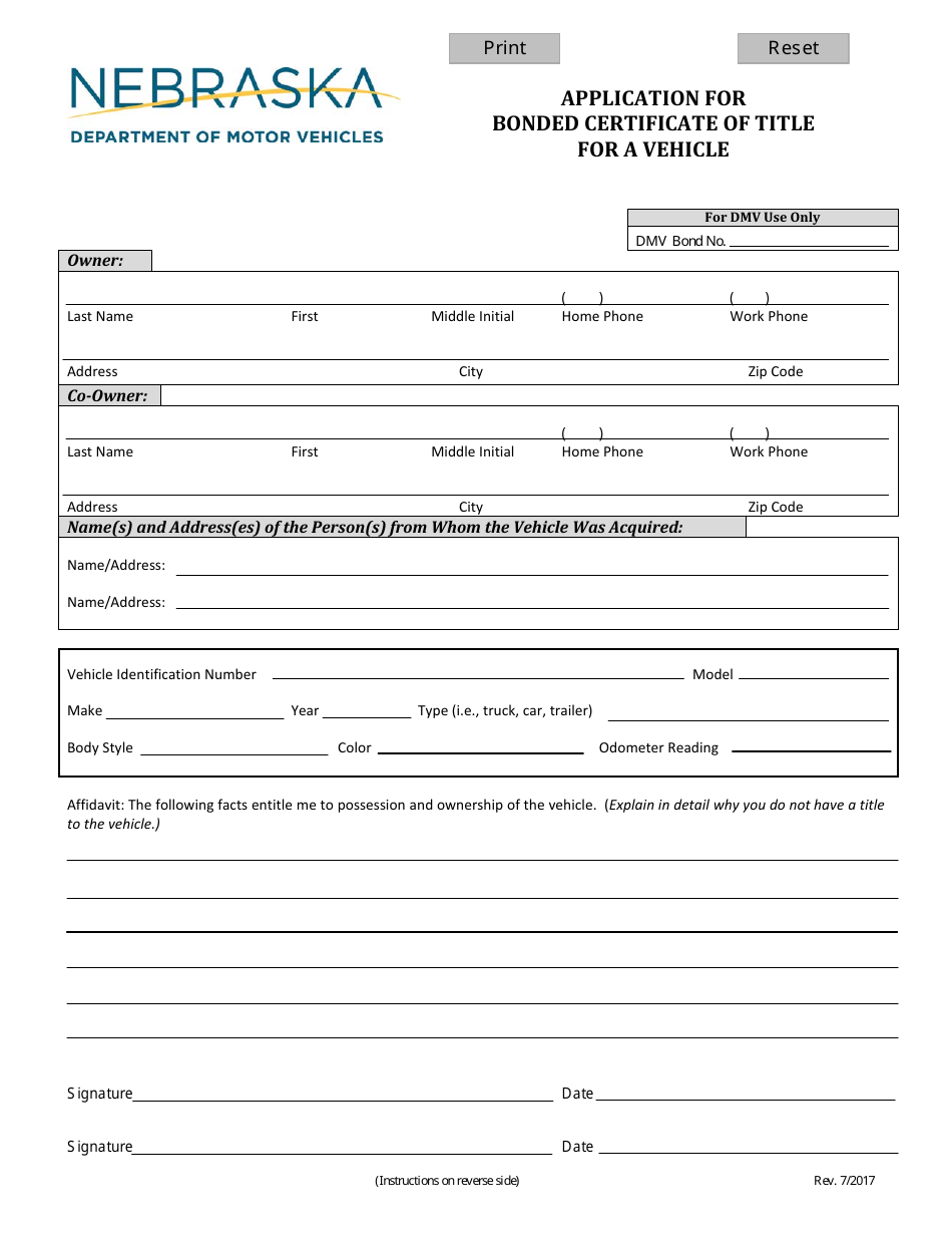 Application for Bonded Certificate of Title for a Vehicle - Nebraska, Page 1