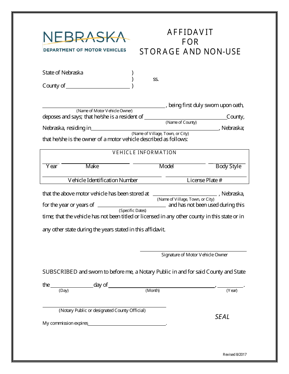 Affidavit for Storage and Non- Use - Nebraska, Page 1