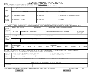 Form VS17 &quot;Montana Certificate of Adoption&quot; - Montana