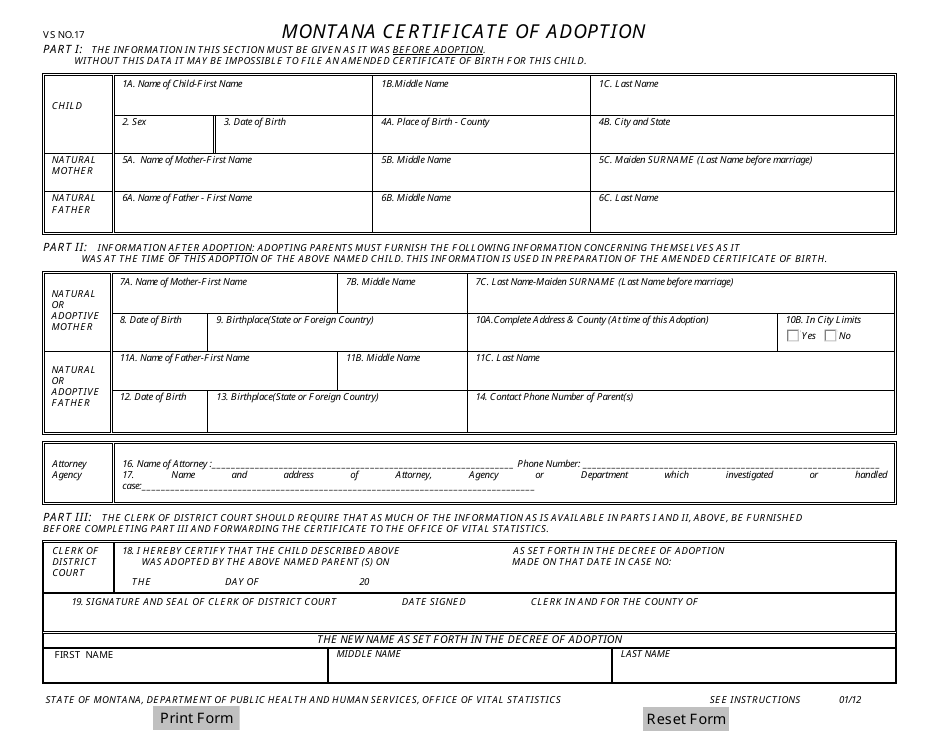 Form VS17 Montana Certificate of Adoption - Montana, Page 1