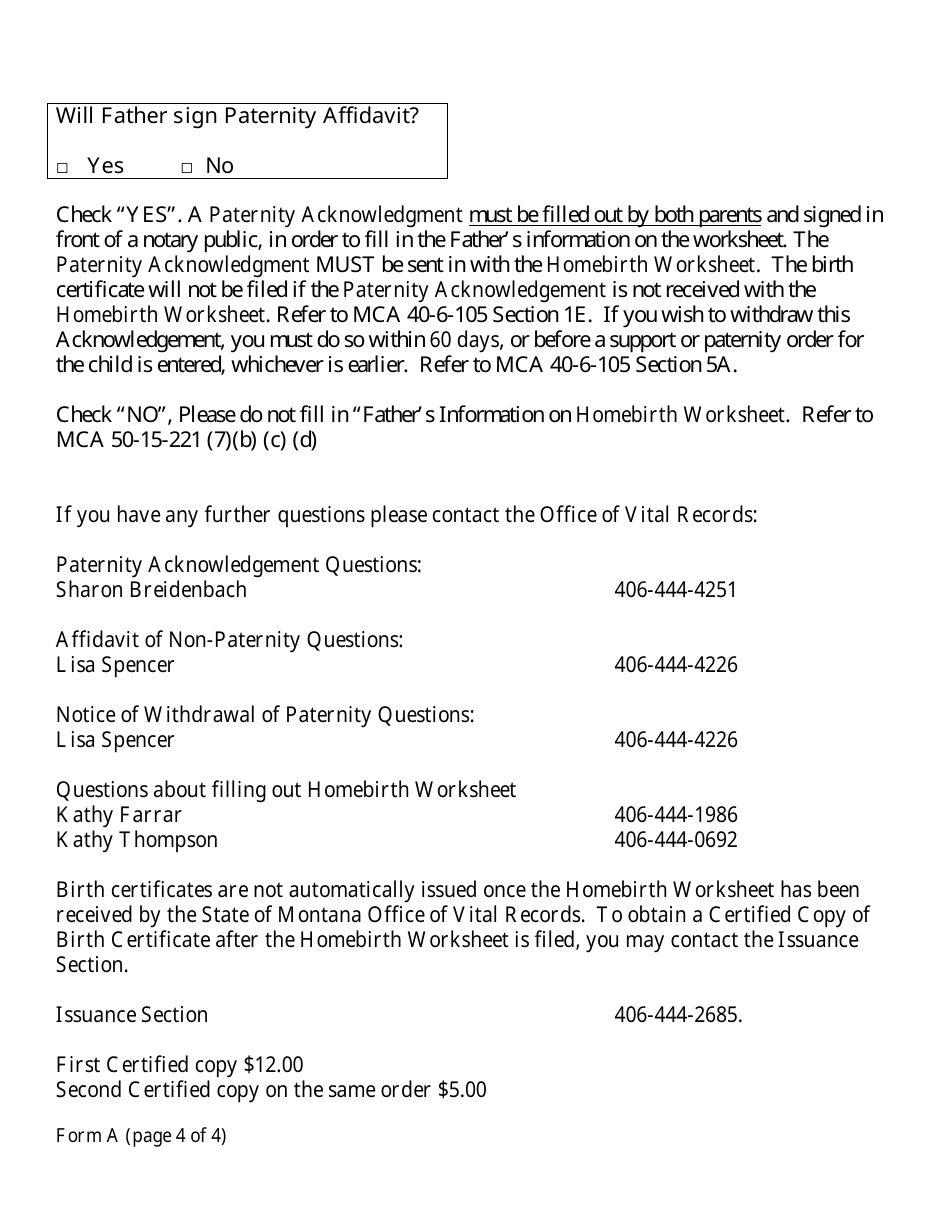 Home Birth Form - Montana, Page 5