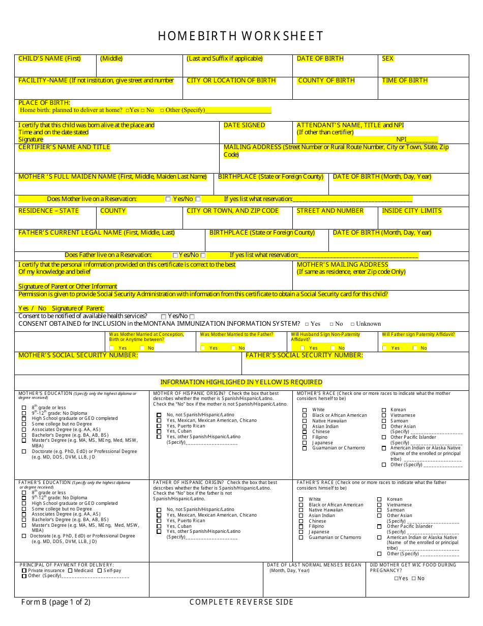 Home Birth Form - Montana, Page 6