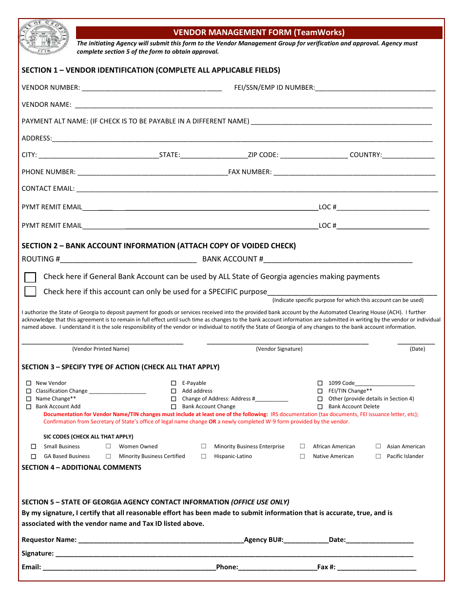 Vendor Management Form (Teamworks) - Georgia (United States), Page 1