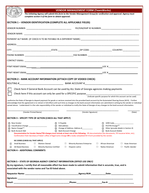 &quot;Vendor Management Form (Teamworks)&quot; - Georgia (United States) Download Pdf