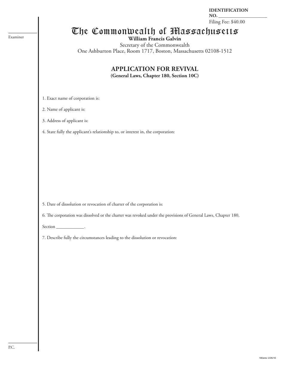 Application for Revival (General Laws, Chapter 180, Section 10c) - Massachusetts, Page 1