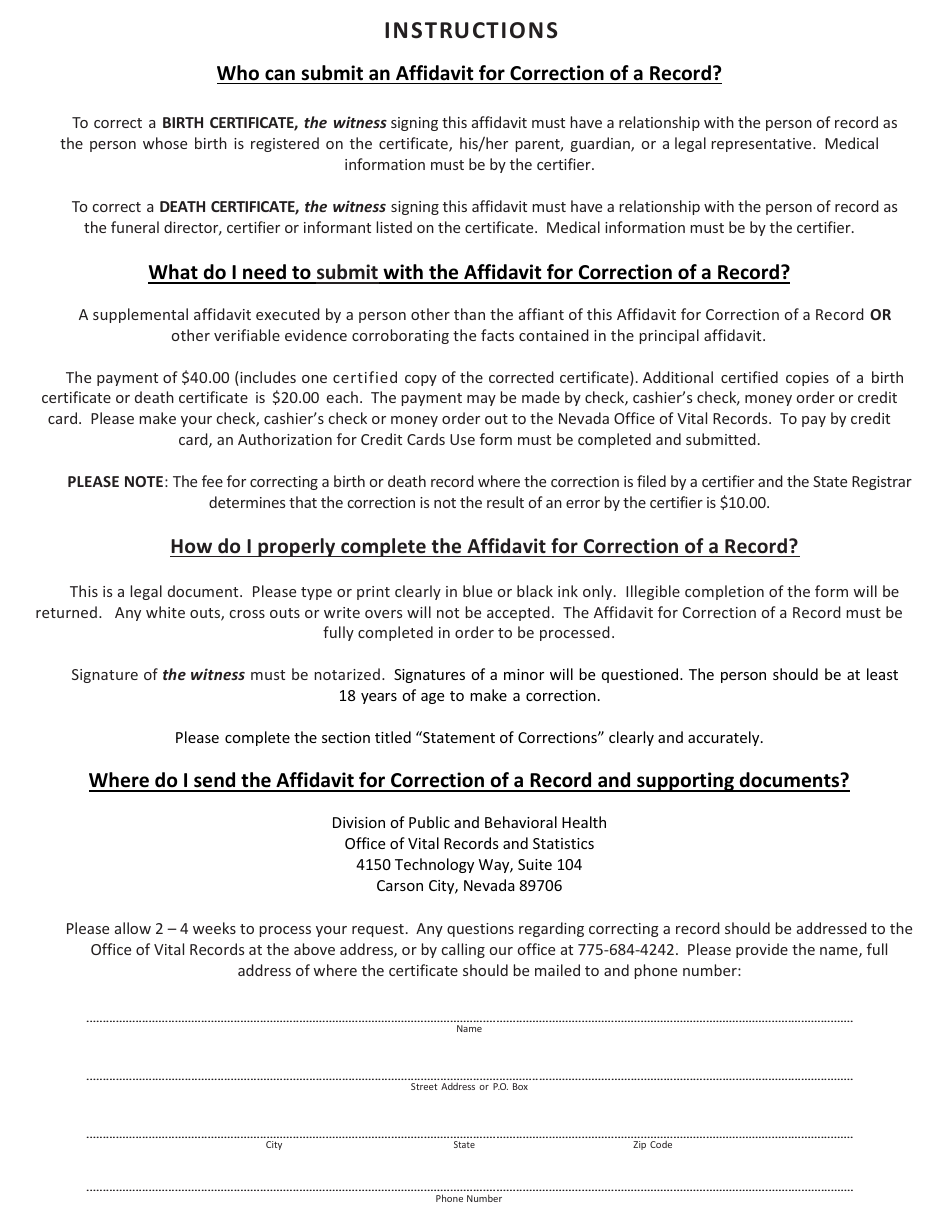 Nevada Amending / Correcting A Birth Or Death Certificate - Fill Out ...