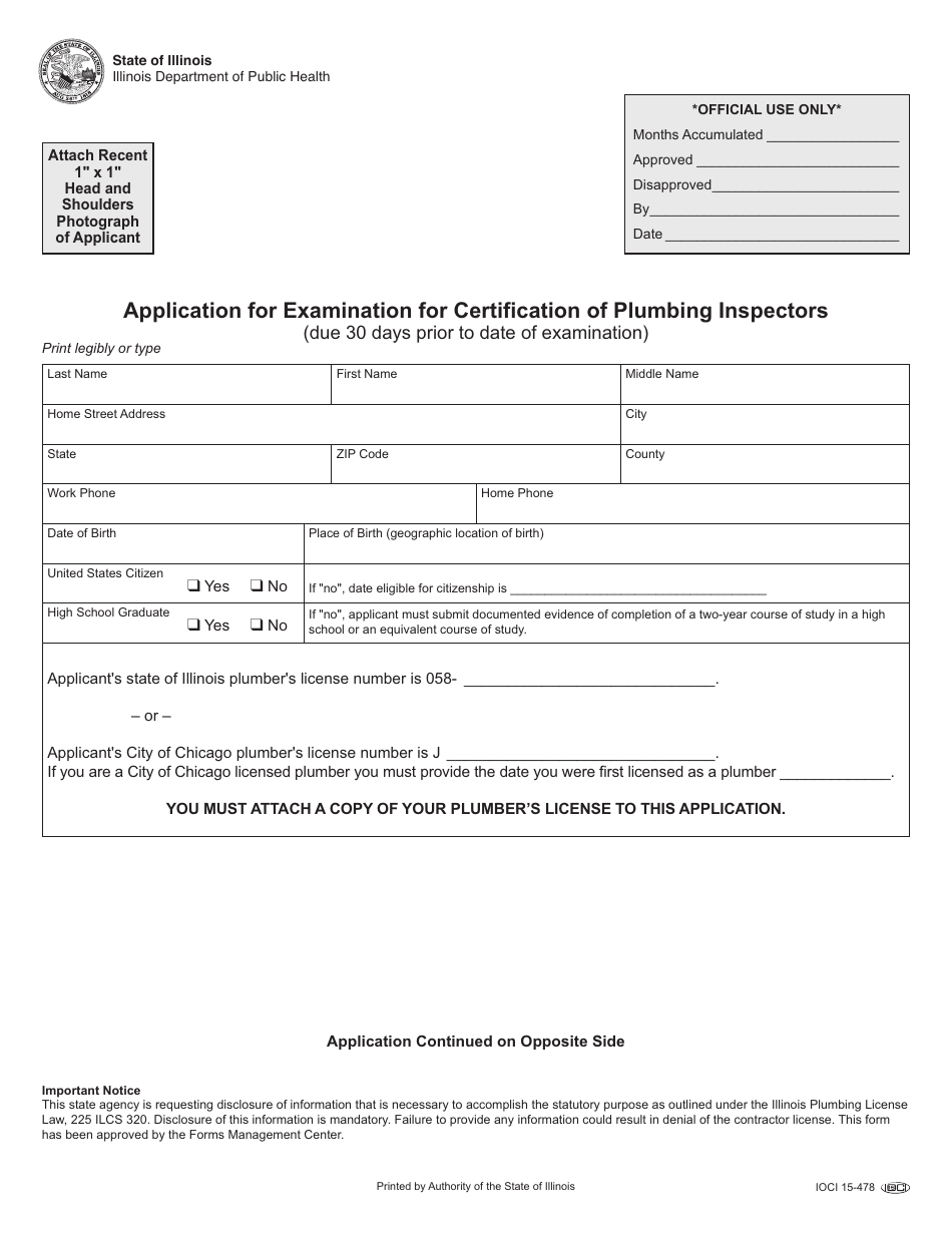Form IOCI15-478 Application for Examination for Certification of Plumbing Inspectors - Illinois, Page 1