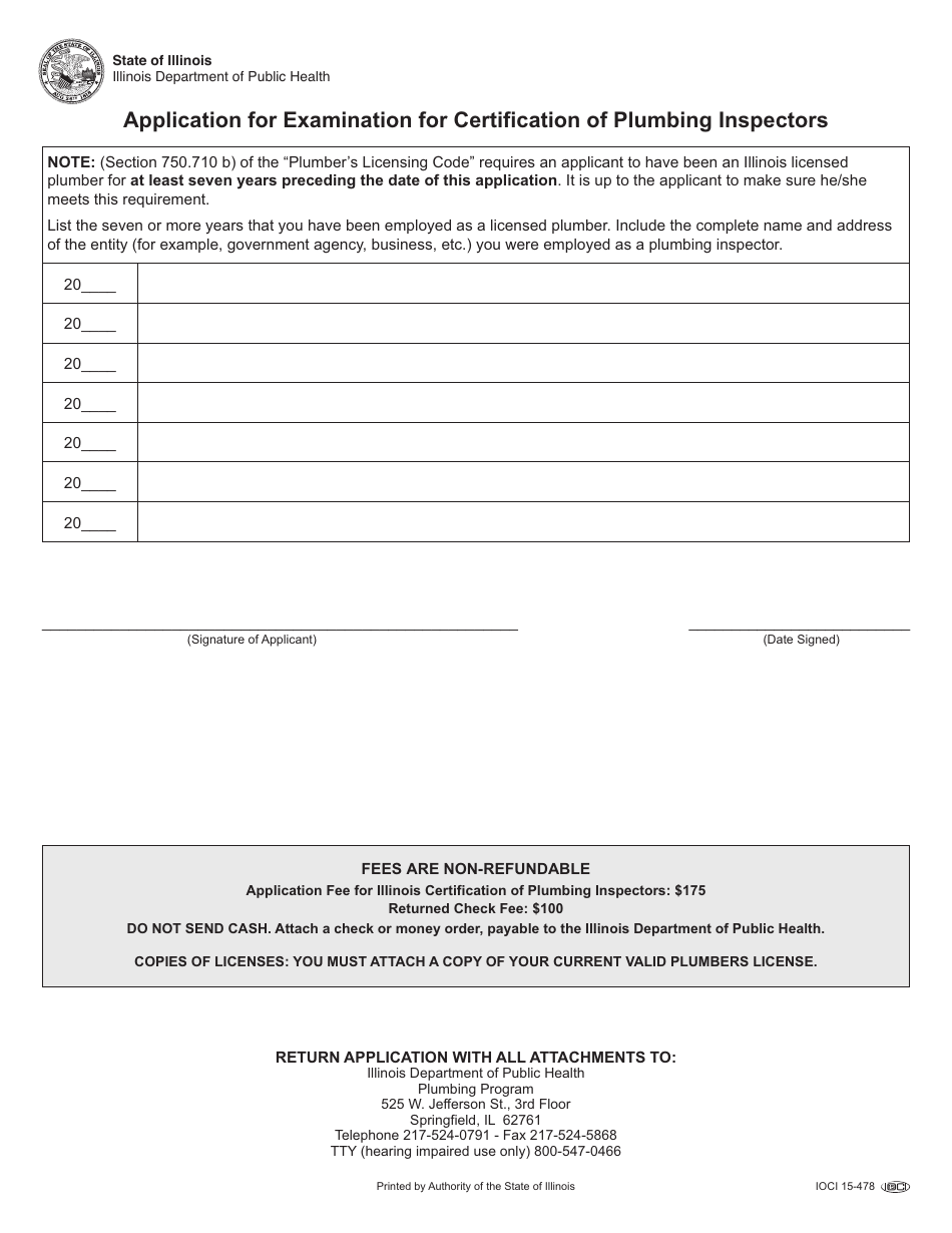 Form IOCI15-478 Application for Examination for Certification of Plumbing Inspectors - Illinois, Page 2