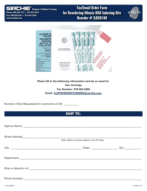 Form BS0140R1 Fax/Email Order Form for Reordering Illinois Dna Indexing Kits - Sirchie - Illinois