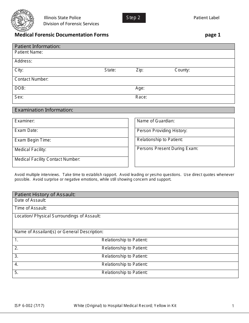 Form ISP6-002 Medical Forensic Documentation Forms - Illinois, Page 1