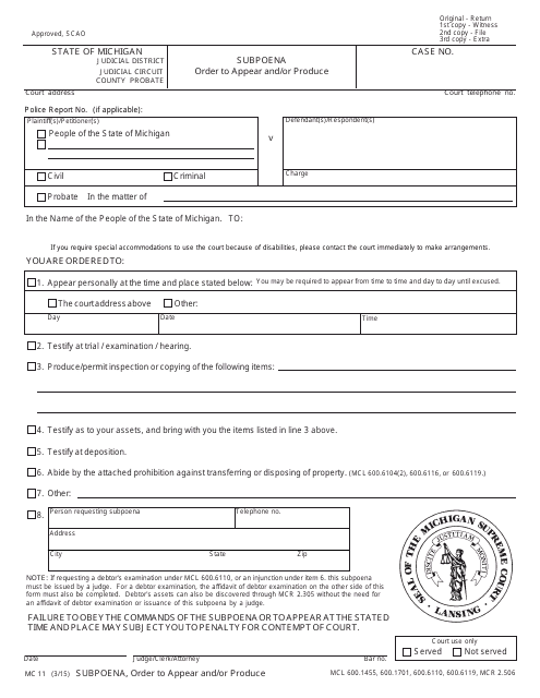 Form MC11 Subpoena, Order to Appear and/or Produce - Michigan