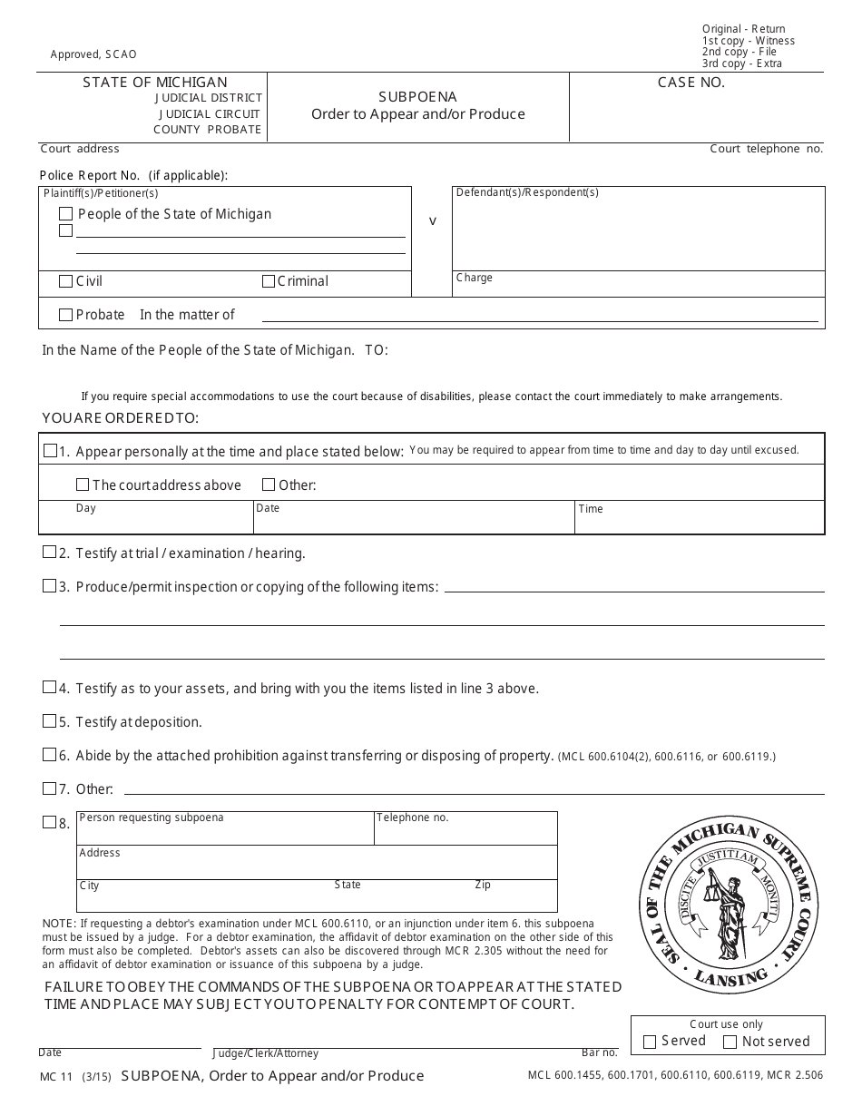 Form MC11 Subpoena, Order to Appear and / or Produce - Michigan, Page 1