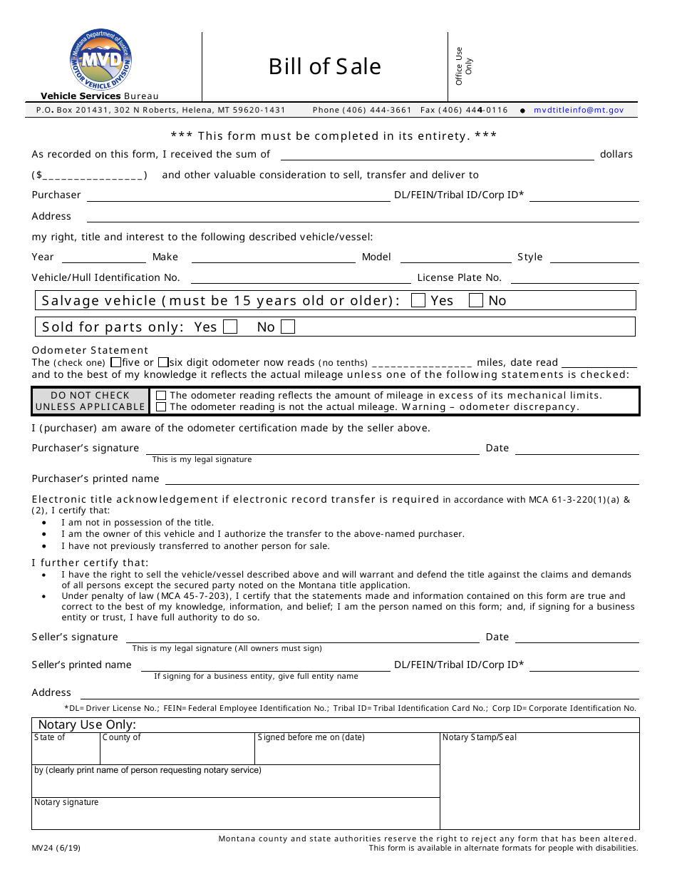 Form MV24 Bill of Sale for Vehicle or Vessel - Montana, Page 1