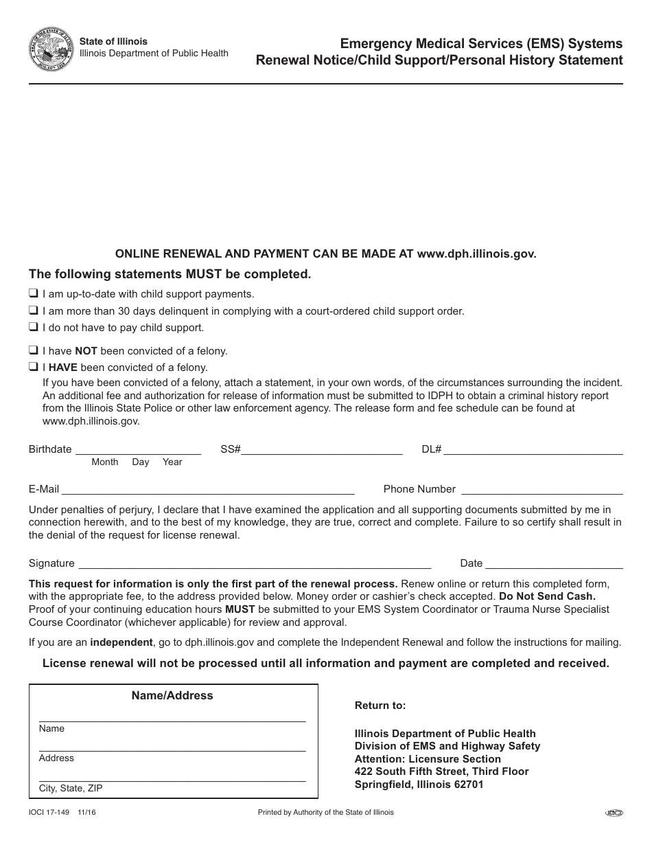 Form IOCI17-149 Renewal Notice / Child Support / Personal History Statement - Emergency Medical Services (EMS) Systems - Illinois, Page 1