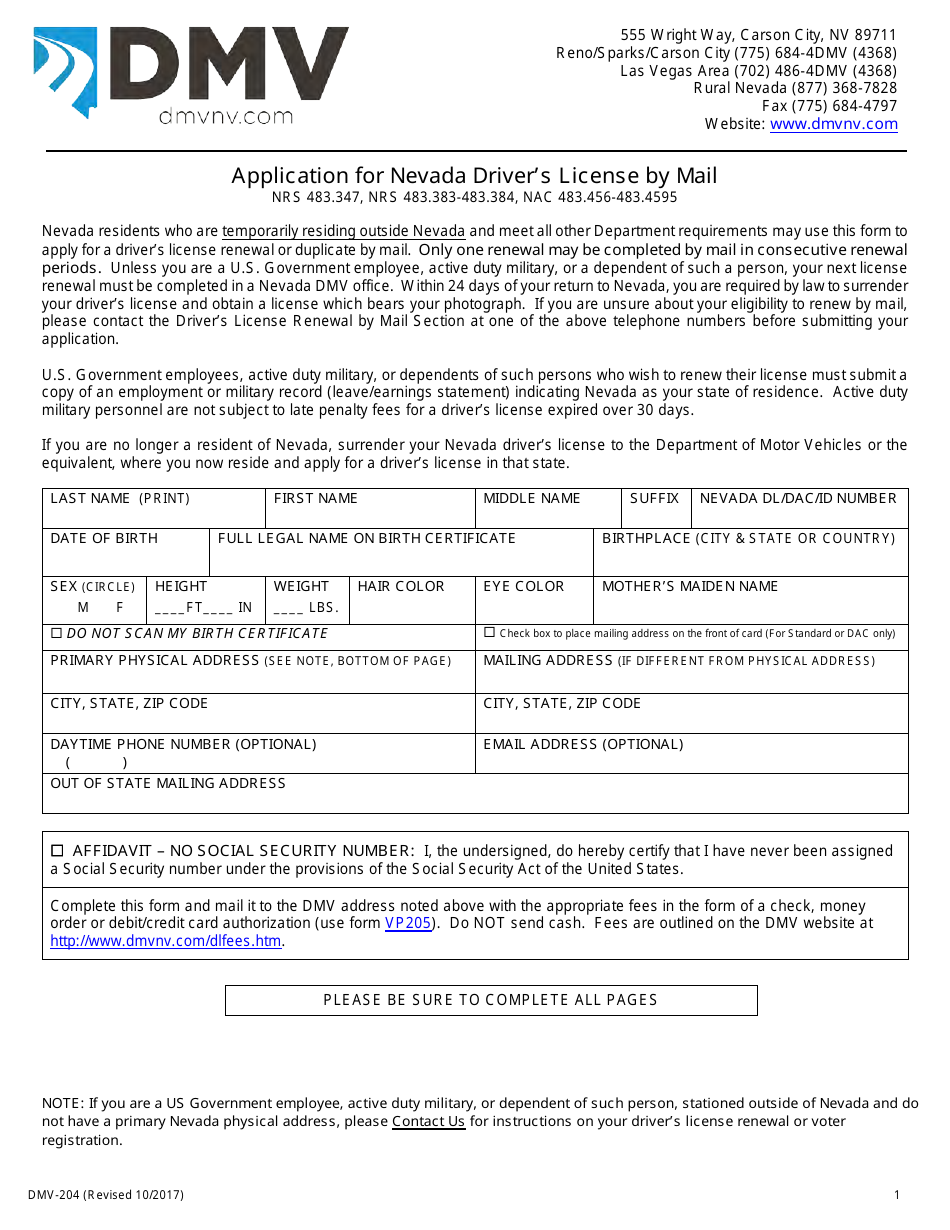 Form Dmv 204 Download Fillable Pdf Or Fill Online Application For Nevada Driver S License By Mail Nevada Templateroller