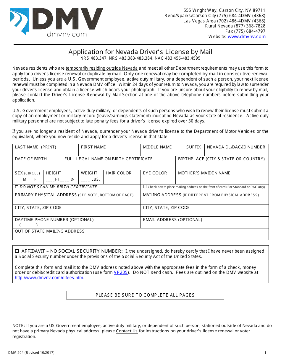 Form DMV-204 Application for Nevada Drivers License by Mail - Nevada, Page 1
