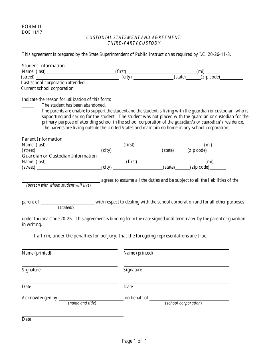 Form II Custodial Statement and Agreement - Third-Party Custody - Indiana, Page 1